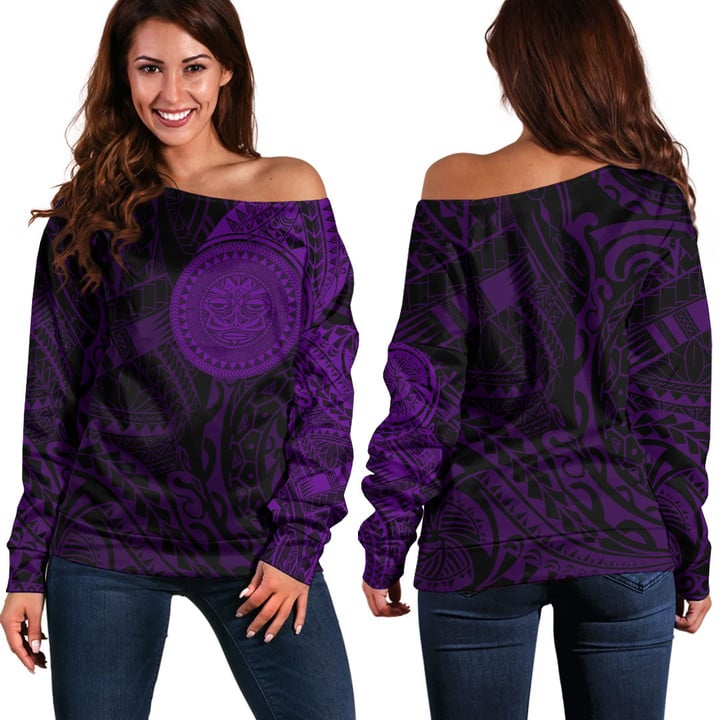 RugbyLife Clothing - Polynesian Sun Mask Tattoo Style - Purple Version Off Shoulder Sweater A7 | RugbyLife