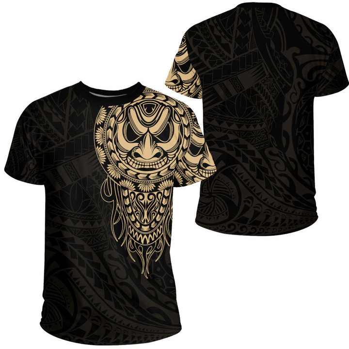 RugbyLife Clothing - Polynesian Tattoo Style Mask Native - Gold Version T-Shirt A7 | RugbyLife