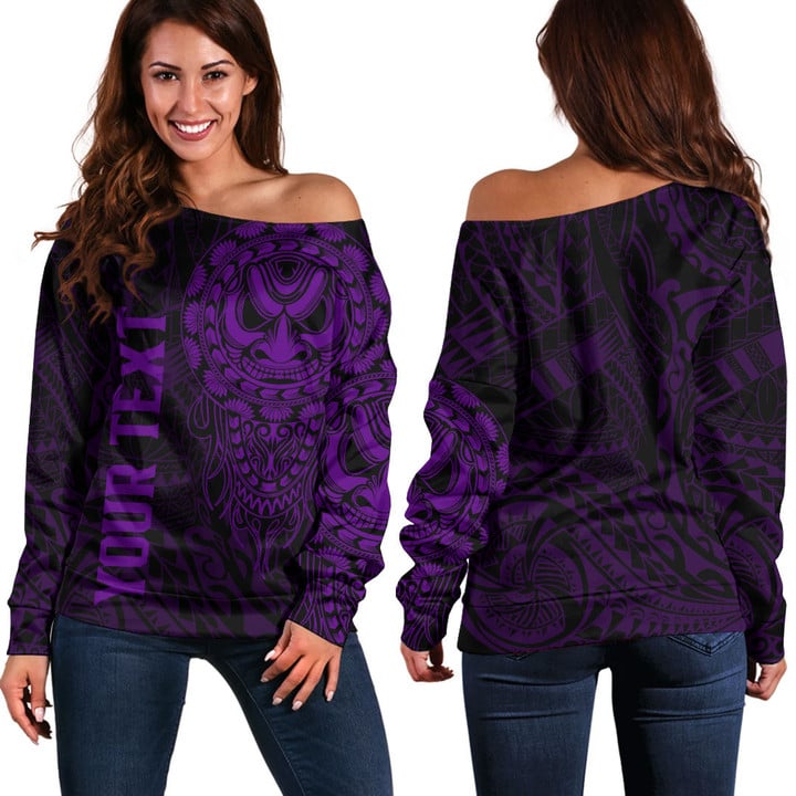 RugbyLife Clothing - (Custom) Polynesian Tattoo Style Mask Native - Purple Version Off Shoulder Sweater A7 | RugbyLife