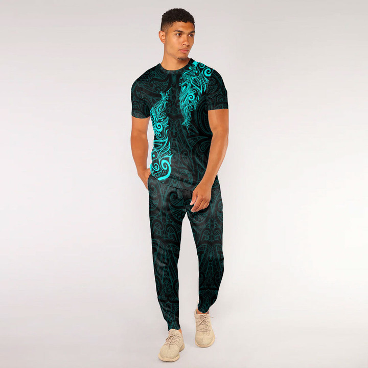 RugbyLife Clothing - Polynesian Tattoo Style Maori Silver Fern - Cyan Version T-Shirt and Jogger Pants A7 | RugbyLife