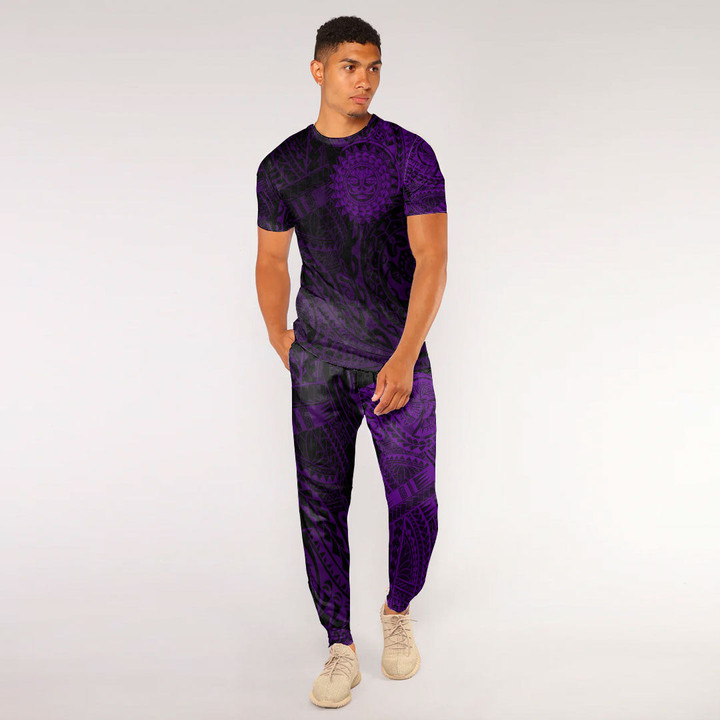 RugbyLife Clothing - Polynesian Sun Tattoo Style - Purple Version T-Shirt and Jogger Pants A7 | RugbyLife