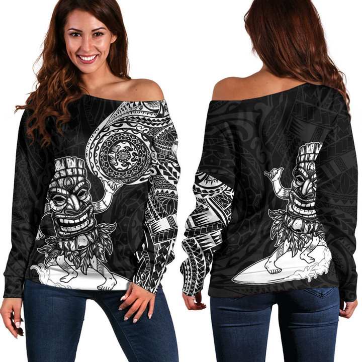 RugbyLife Clothing - Polynesian Tattoo Style Tiki Surfing Off Shoulder Sweater A7 | RugbyLife