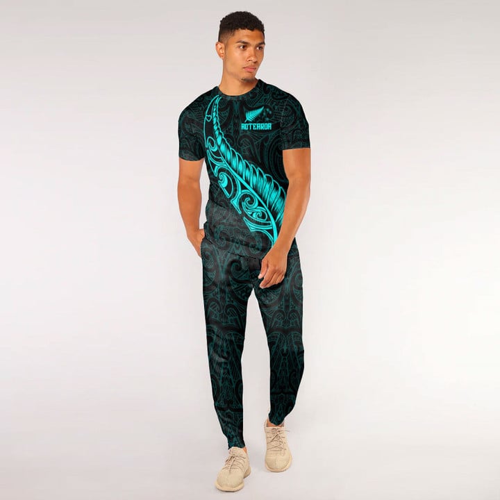 RugbyLife Clothing - New Zealand Aotearoa Maori Fern - Cyan Version T-Shirt and Jogger Pants A7 | RugbyLife