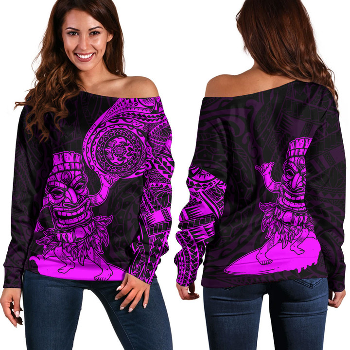 RugbyLife Clothing - Polynesian Tattoo Style Tiki Surfing - Pink Version Off Shoulder Sweater A7 | RugbyLife