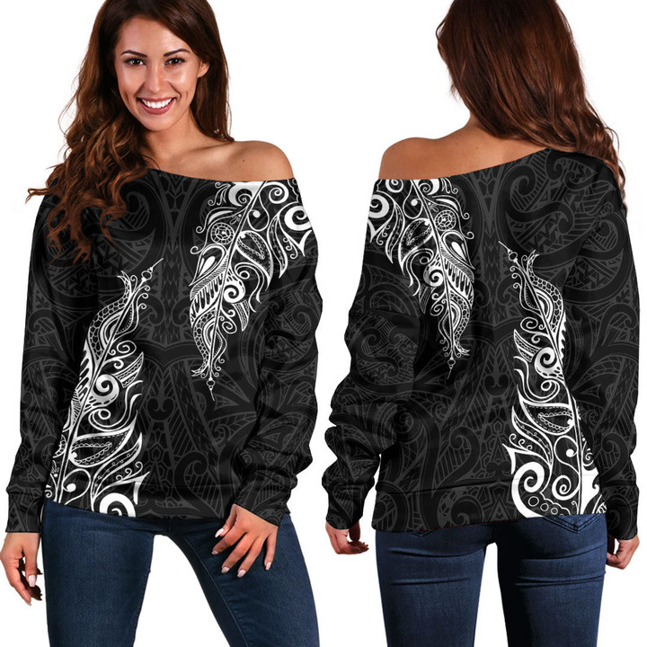 RugbyLife Clothing - Polynesian Tattoo Style Maori Silver Fern - Off Shoulder Sweater A7 | RugbyLife