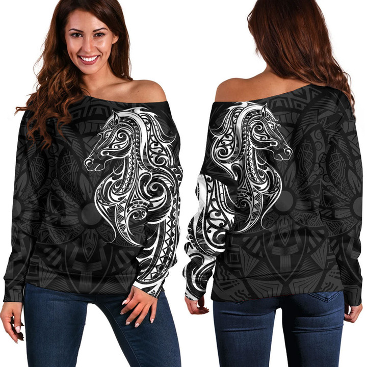 RugbyLife Clothing - Polynesian Tattoo Style Horse Off Shoulder Sweater A7 | RugbyLife