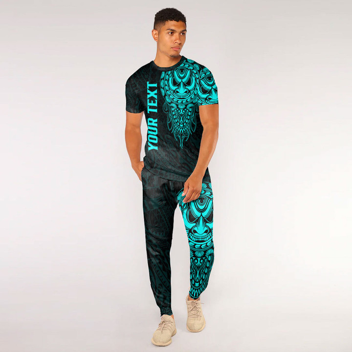 RugbyLife Clothing - (Custom) Polynesian Tattoo Style Mask Native - Cyan Version T-Shirt and Jogger Pants A7 | RugbyLife