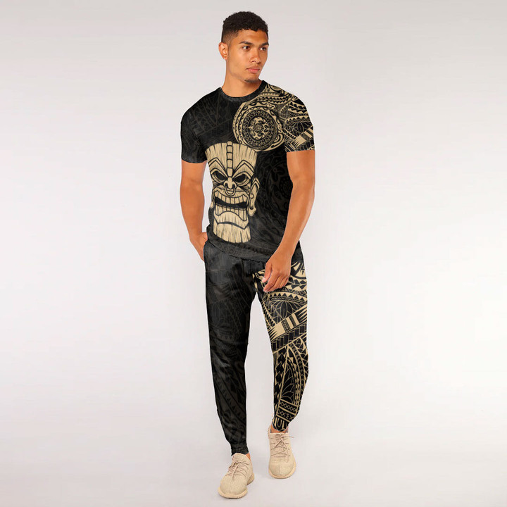 RugbyLife Clothing - Polynesian Tattoo Style Tiki - Gold Version T-Shirt and Jogger Pants A7 | RugbyLife