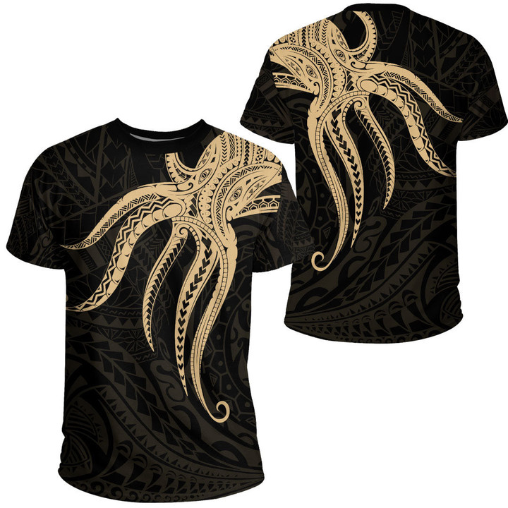 RugbyLife Clothing - Polynesian Tattoo Style Octopus Tattoo - Gold Version T-Shirt A7 | RugbyLife