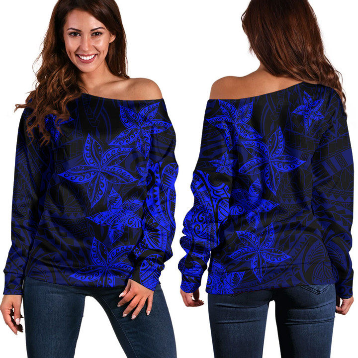 RugbyLife Clothing - Polynesian Tattoo Style - Blue Version Off Shoulder Sweater A7 | RugbyLife