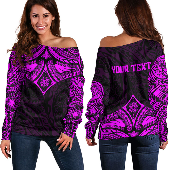 RugbyLife Clothing - (Custom) Polynesian Tattoo Style Flower - Pink Version Off Shoulder Sweater A7 | RugbyLife