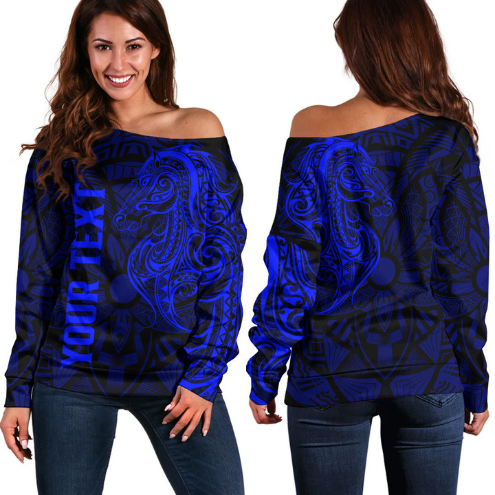 RugbyLife Clothing - (Custom) Polynesian Tattoo Style Horse - Blue Version Off Shoulder Sweater A7 | RugbyLife