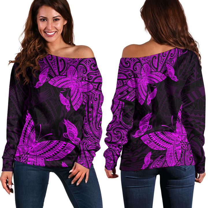 RugbyLife Clothing - Polynesian Tattoo Style Butterfly Special Version - Pink Version Off Shoulder Sweater A7 | RugbyLife