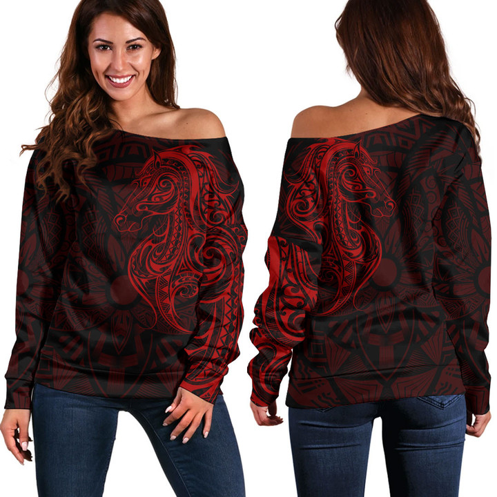 RugbyLife Clothing - Polynesian Tattoo Style Horse - Red Version Off Shoulder Sweater A7 | RugbyLife