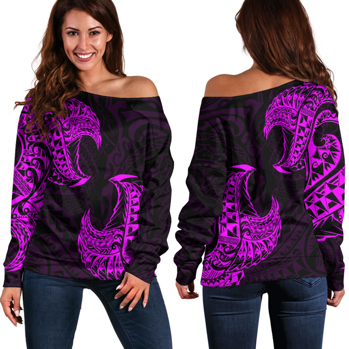 RugbyLife Clothing - Polynesian Tattoo Style Tatau - Pink Version Off Shoulder Sweater A7 | RugbyLife