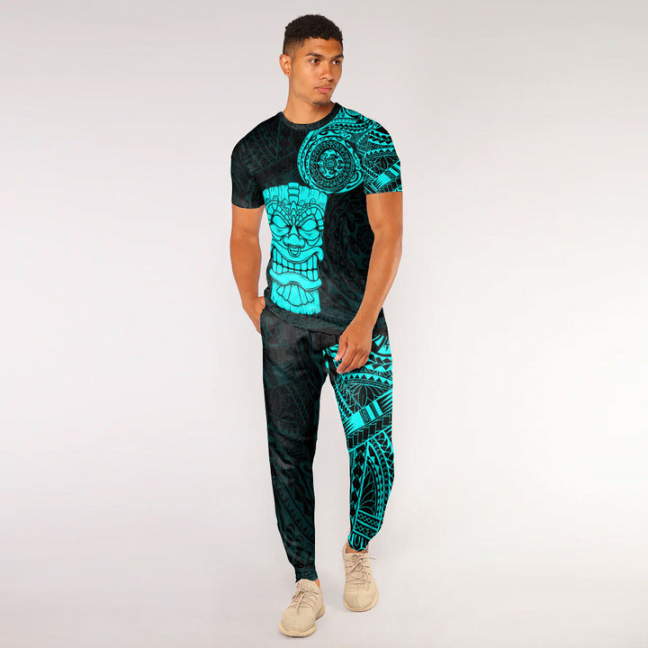 RugbyLife Clothing - Polynesian Tattoo Style Tiki - Cyan Version T-Shirt and Jogger Pants A7 | RugbyLife
