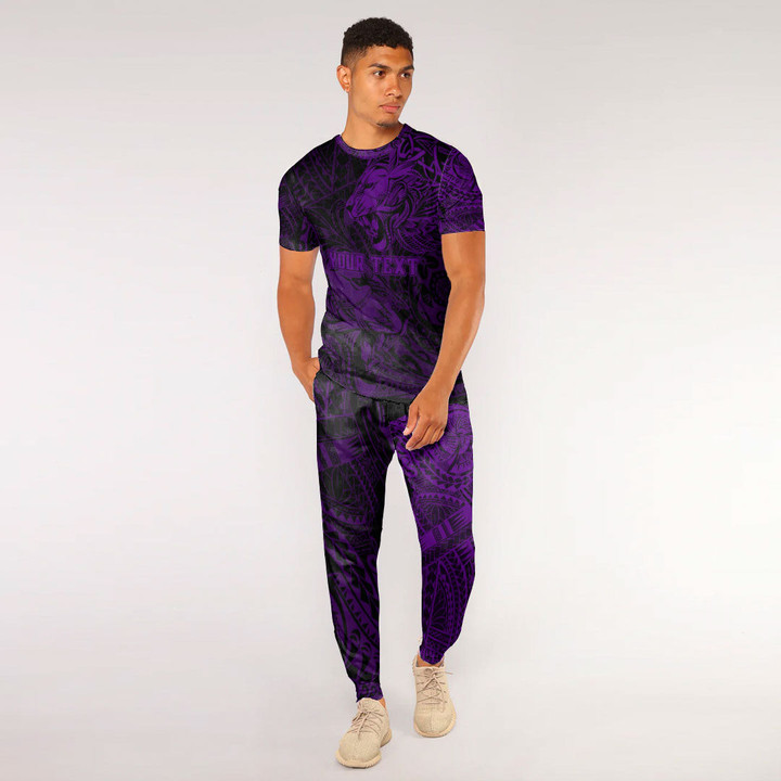 RugbyLife Clothing - Polynesian Tattoo Style Tribal Lion - Purple Version T-Shirt and Jogger Pants A7 | RugbyLife