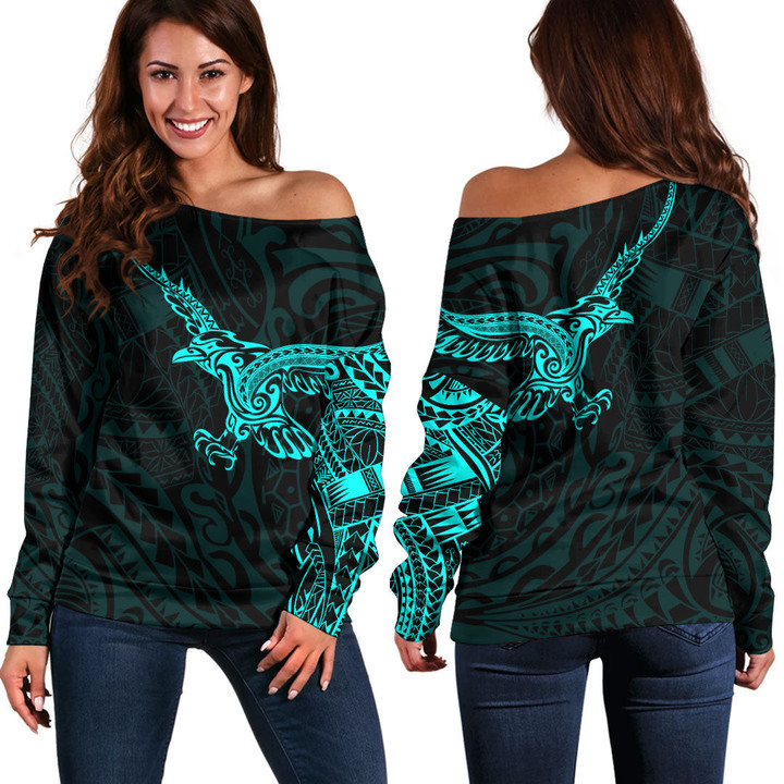 RugbyLife Clothing - Polynesian Tattoo Style Crow - Cyan Version Off Shoulder Sweater A7 | RugbyLife