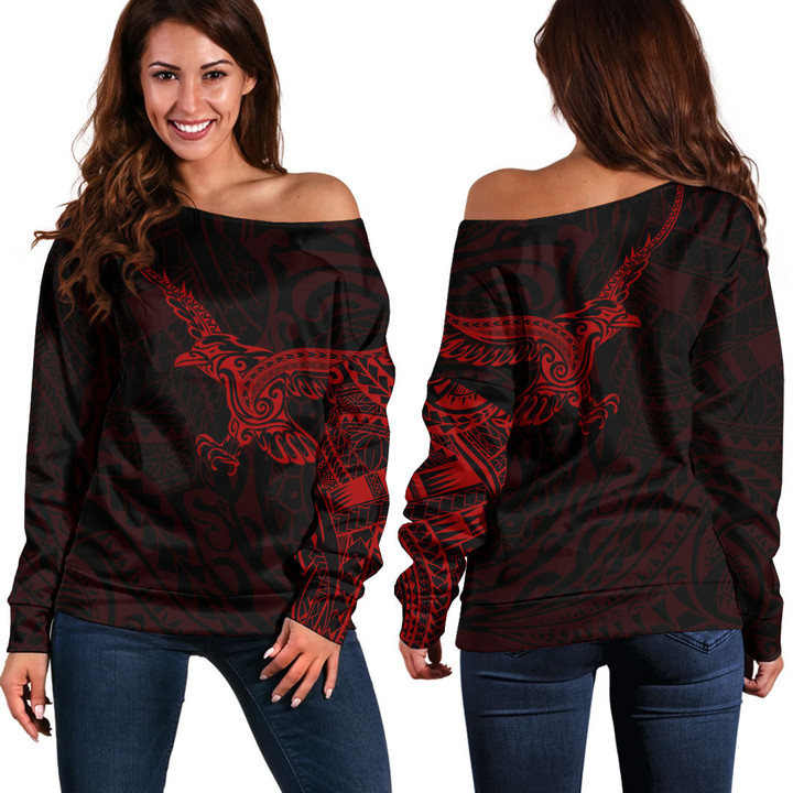 RugbyLife Clothing - Polynesian Tattoo Style Crow - Red Version Off Shoulder Sweater A7 | RugbyLife