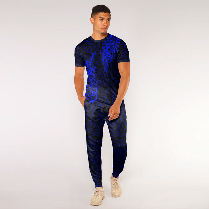 RugbyLife Clothing - Polynesian Tattoo Style Maori Silver Fern - Blue Version T-Shirt and Jogger Pants A7 | RugbyLife