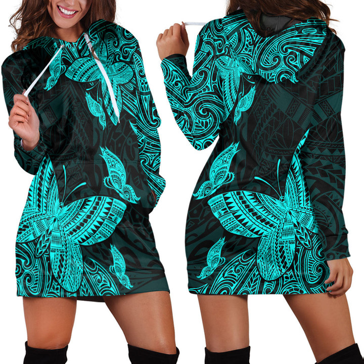 RugbyLife Clothing - Polynesian Tattoo Style Butterfly Special Version - Cyan Version Hoodie Dress A7 | RugbyLife