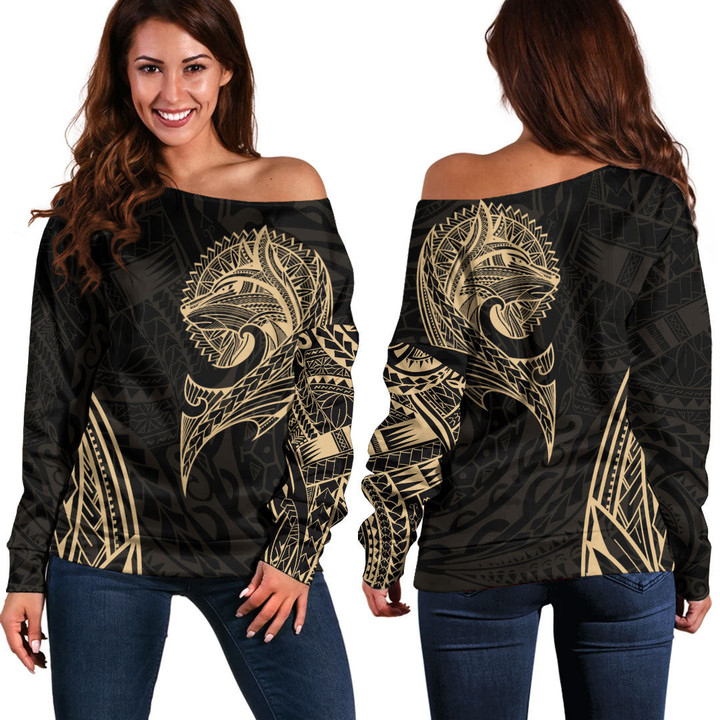 RugbyLife Clothing - Polynesian Tattoo Style Wolf - Gold Version Off Shoulder Sweater A7 | RugbyLife