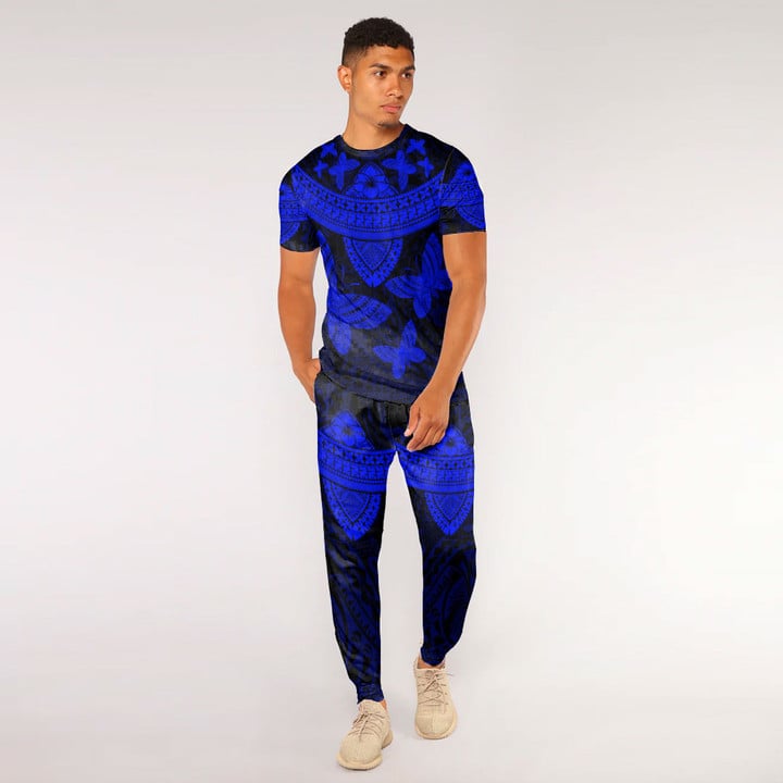 RugbyLife Clothing - Polynesian Tattoo Style Butterfly - Blue Version T-Shirt and Jogger Pants A7 | RugbyLife