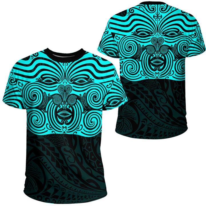 RugbyLife Clothing - Polynesian Tattoo Style Maori Traditional Mask - Cyan Version T-Shirt A7 | RugbyLife
