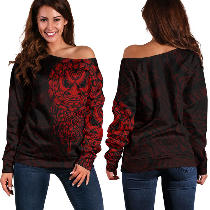 RugbyLife Clothing - Polynesian Tattoo Style Mask Native - Red Version Off Shoulder Sweater A7 | RugbyLife