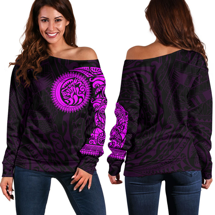RugbyLife Clothing - Polynesian Tattoo Style Tattoo - Pink Version Off Shoulder Sweater A7 | RugbyLife