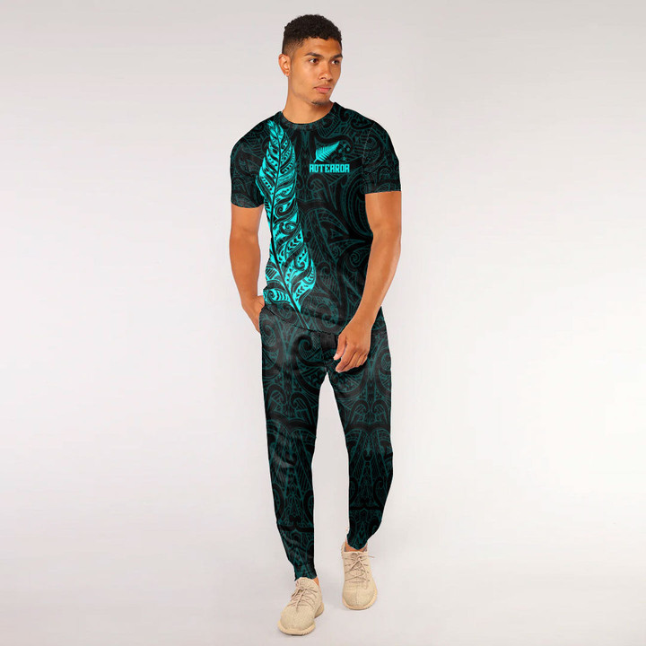 RugbyLife Clothing - New Zealand Aotearoa Maori Silver Fern - Cyan Version T-Shirt and Jogger Pants A7 | RugbyLife