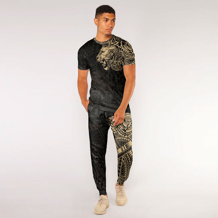 RugbyLife Clothing - Polynesian Tattoo Style Tribal Lion - Gold Version T-Shirt and Jogger Pants A7 | RugbyLife