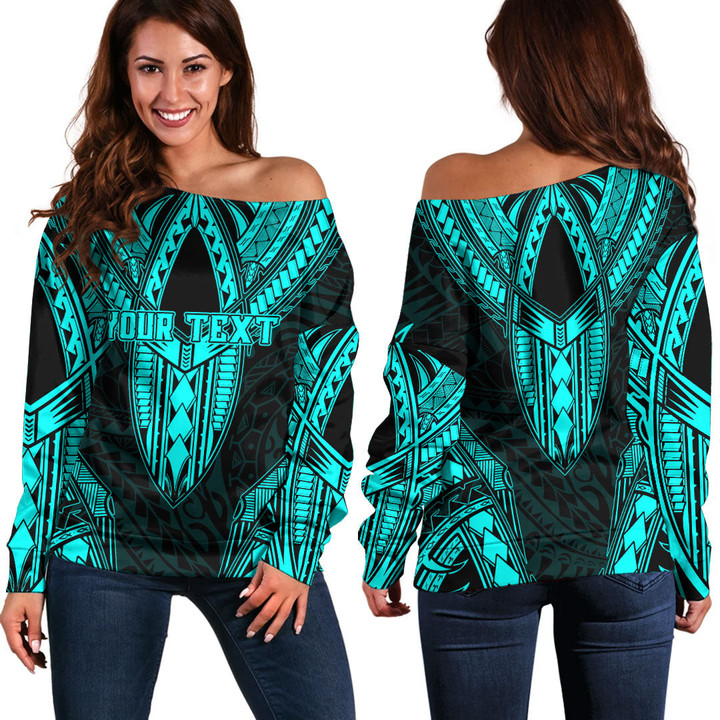 RugbyLife Clothing - (Custom) Polynesian Tattoo Style - Cyan Version Off Shoulder Sweater A7 | RugbyLife