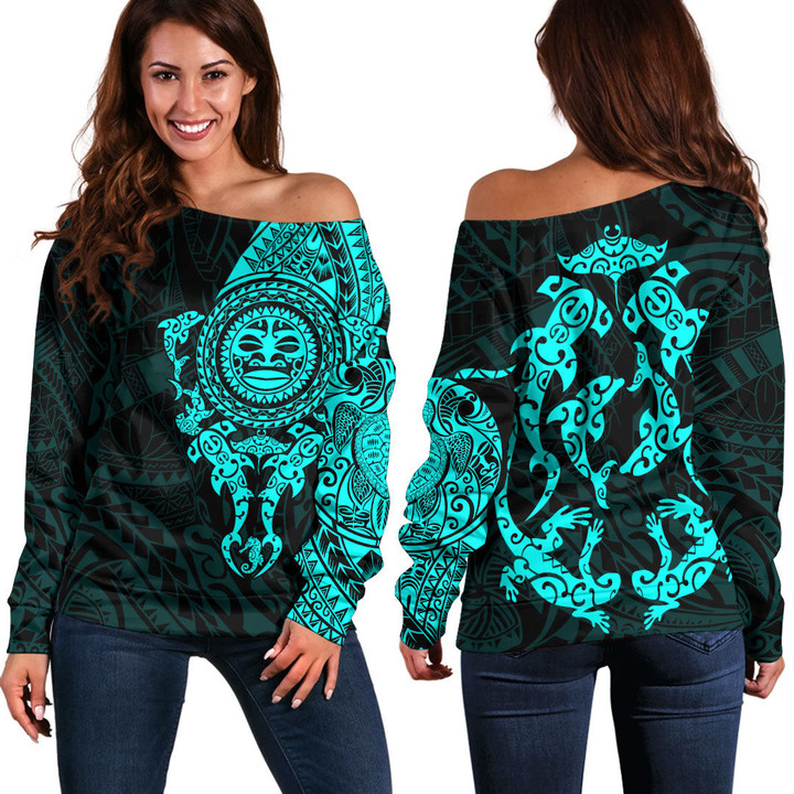 RugbyLife Clothing - Polynesian Tattoo Style Maori - Special Tattoo - Cyan Version Off Shoulder Sweater A7 | RugbyLife