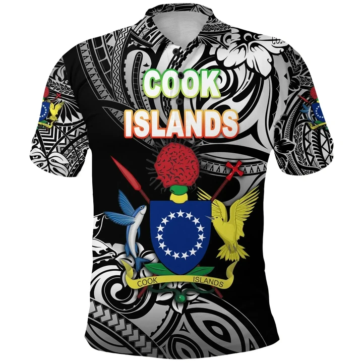 (Custom Personalised) Cook Islands Rugby Polo Shirt Unique Vibes Coat Of Arms - Black, Custom Text and Number K8 | Lovenewzealand.co