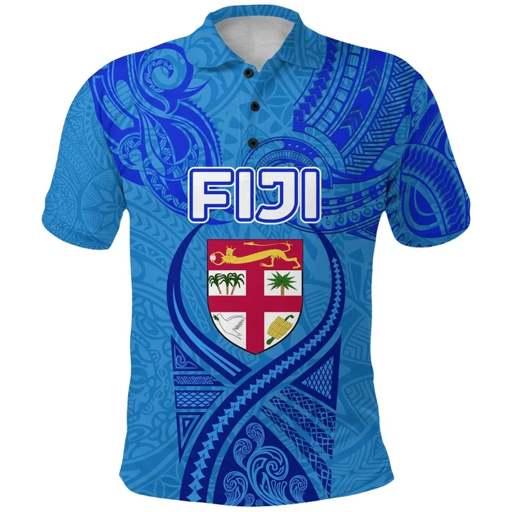 (Custom Personalised) Blue Polo Shirt Fiji Rugby Polynesian Waves Style, Custom Text and Number K36 | Lovenewzealand.co