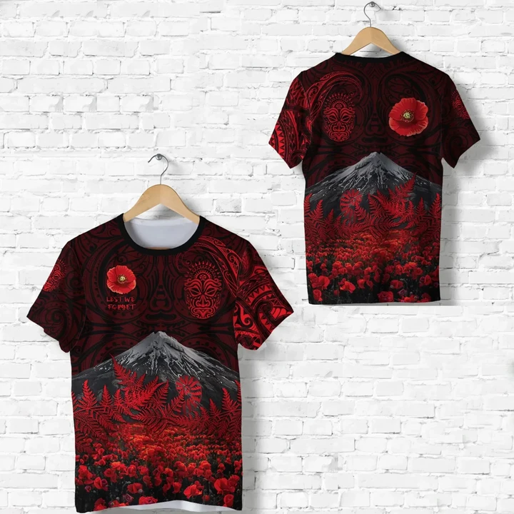 Warriors Rugby T Shirt New Zealand Mount Taranaki With Poppy Flowers Anzac Vibes - Red K8 | Lovenewzealand.co