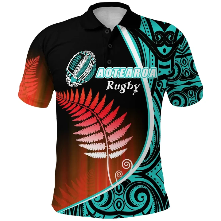 Aotearoa Rugby Black Maori Polo Shirt Kiwi and Silver Fern New Zealand - Blue K13 | Lovenewzealand.co