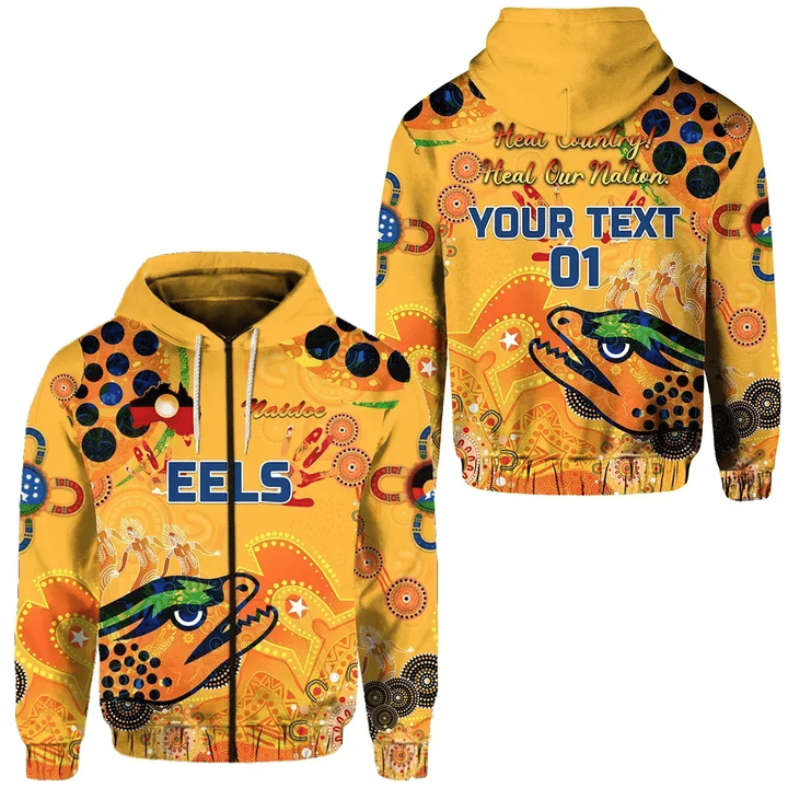 (Custom Personalised) Parramatta Zip Hoodie Eels Indigenous Naidoc Heal Country! Heal Our Nation - Gold, Custom Text And Number | Lovenewzealand.co
