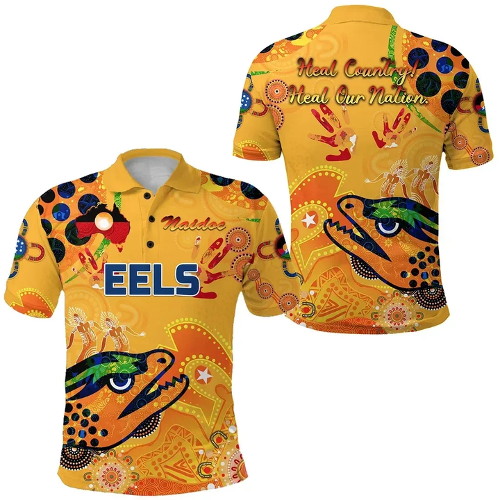 Parramatta Polo Shirt Eels Indigenous Naidoc Heal Country! Heal Our Nation - Gold K8 | Lovenewzealand.co