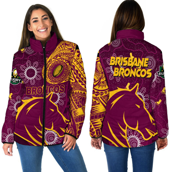 LoveNewZealand Clothing - Brisbane Broncos Polynesian Tattoo Style Women Padded Jacket A7 | LoveNewZealand