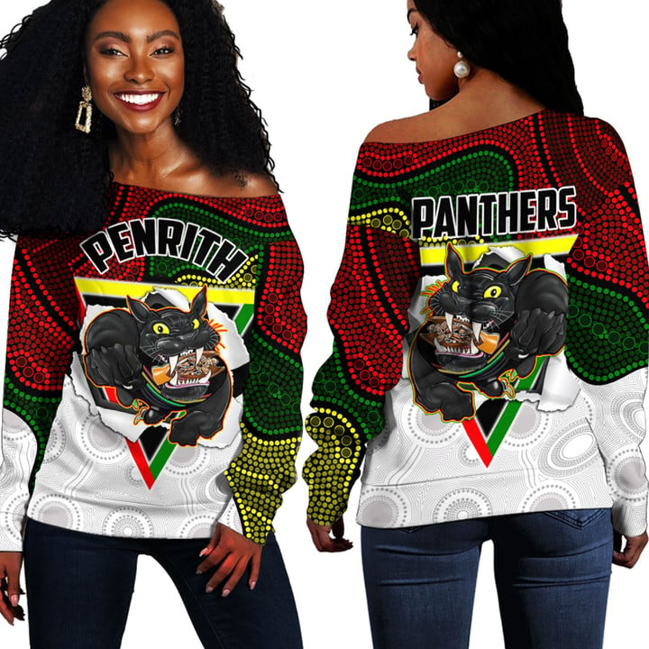 Rugby Life Off Shoulder Sweaters - Penrith Panthers Champion Rugby Aboriginal Style A35
