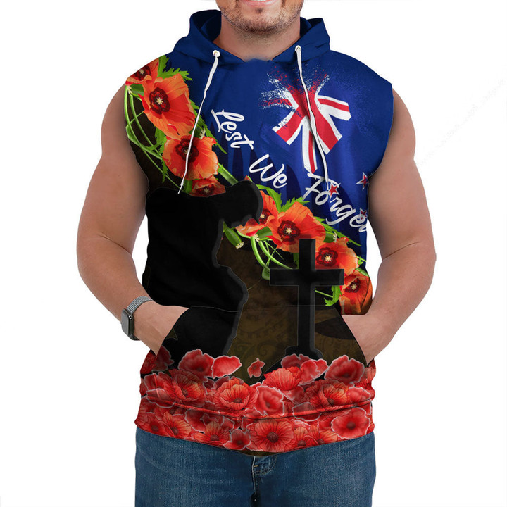 Love New Zealand Clothing - Anzac Day Poppy And Fern - Sleeveless Hoodie A95 | Love New Zealand