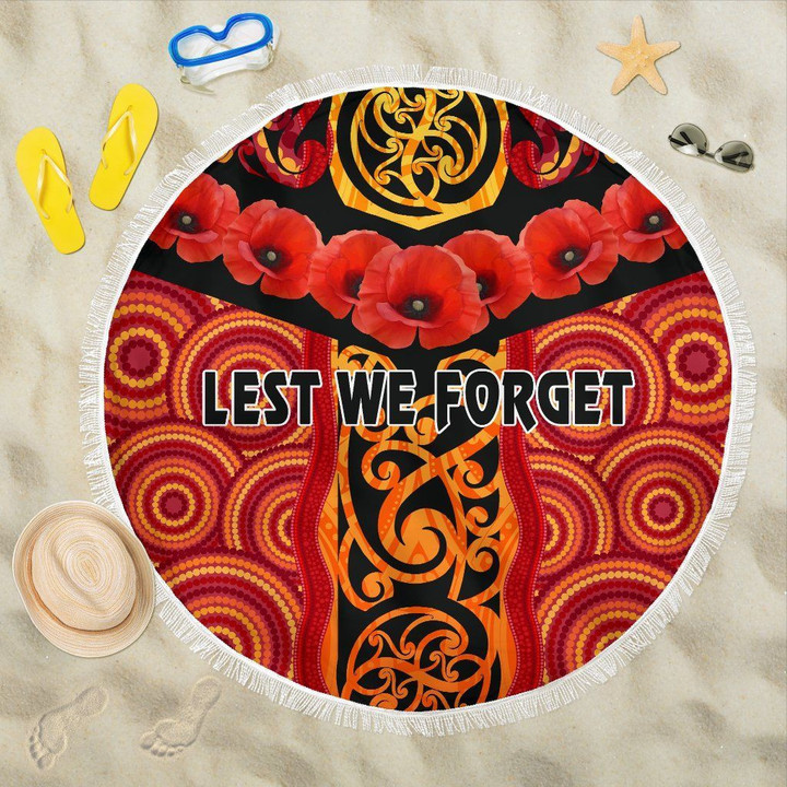 Anzac Lest We Forget Poppy Beach Blanket New Zealand Maori Silver Fern - Australia Aboriginal K8 | Lovenewzealand.co