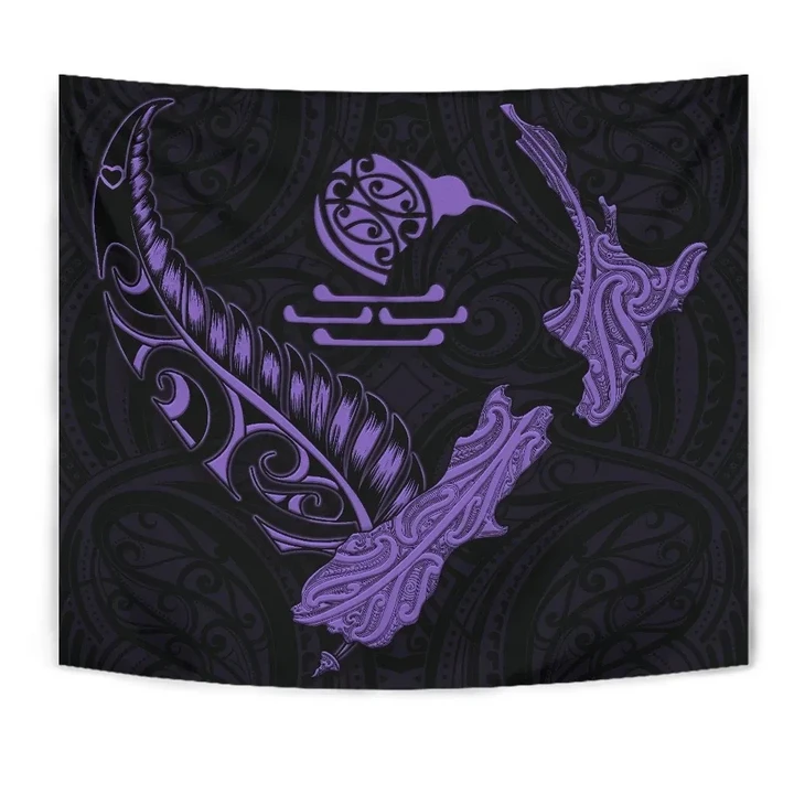 New Zealand Heart Tapestry - Map Kiwi mix Silver Fern Pastel Purple K4