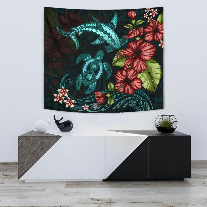 Polynesian Tapestry Turtle And Shark - Hibiscus Turquoise TH5