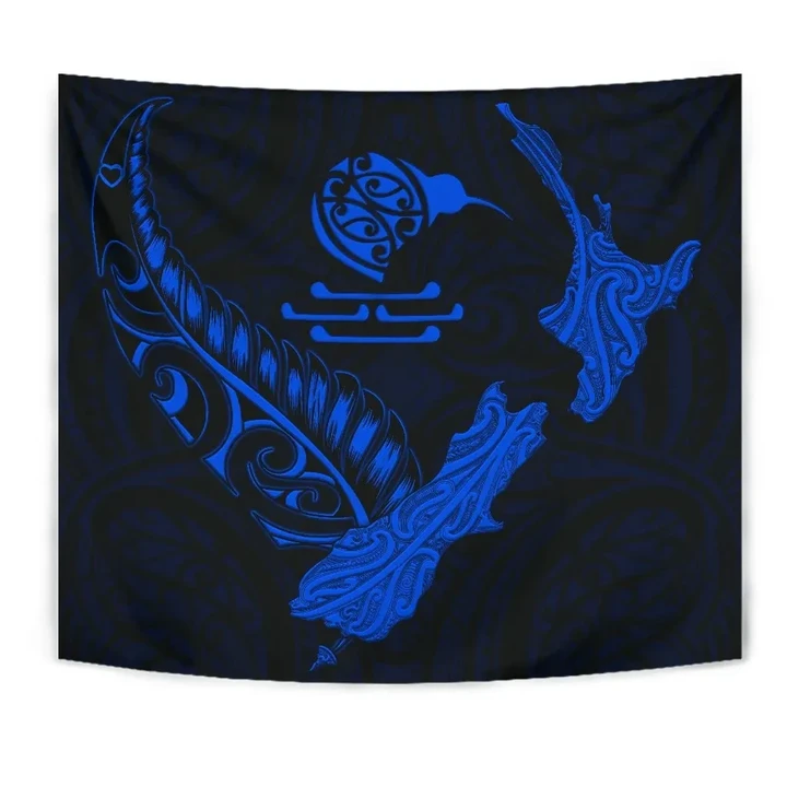 New Zealand Heart Tapestry - Map Kiwi mix Silver Fern Blue K4