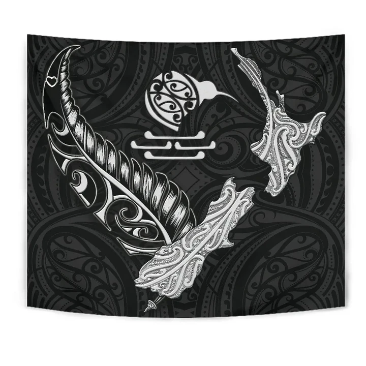 New Zealand Heart Tapestry - Map Kiwi mix Silver Fern White K4