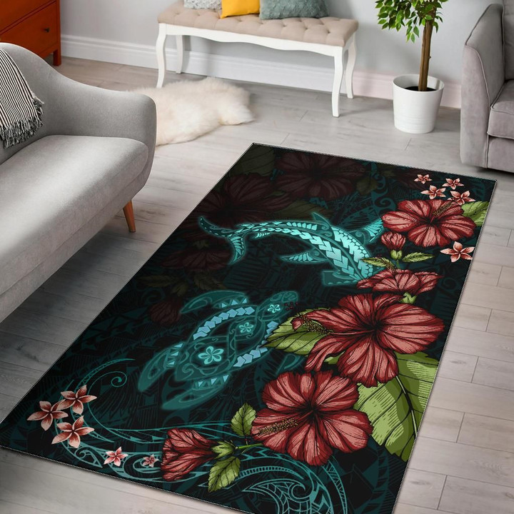 Polynesian Area Rug Turtle And Shark- Hibiscus Turquoise TH5 - 1st New Zealand