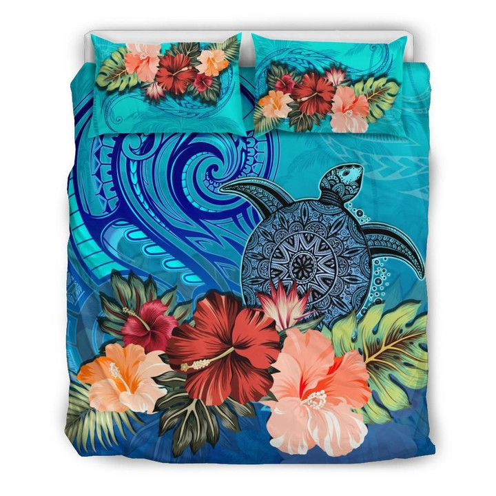 Turtle And Hibiscus Bedding Set Polynesian Blue Th5